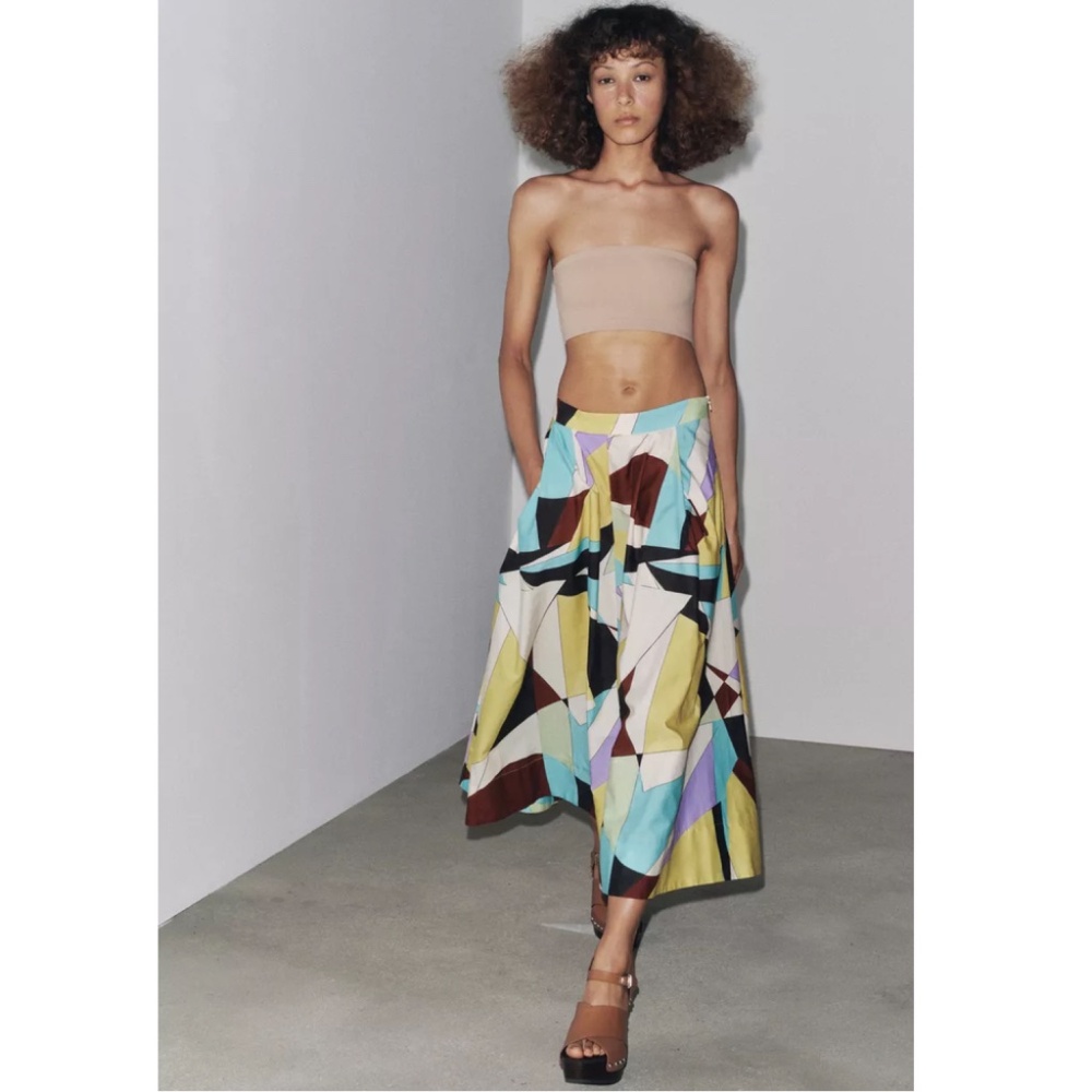 Zara MIDI SKIRT Abstract Geometric Print Multicolor Black Yellow Purple White